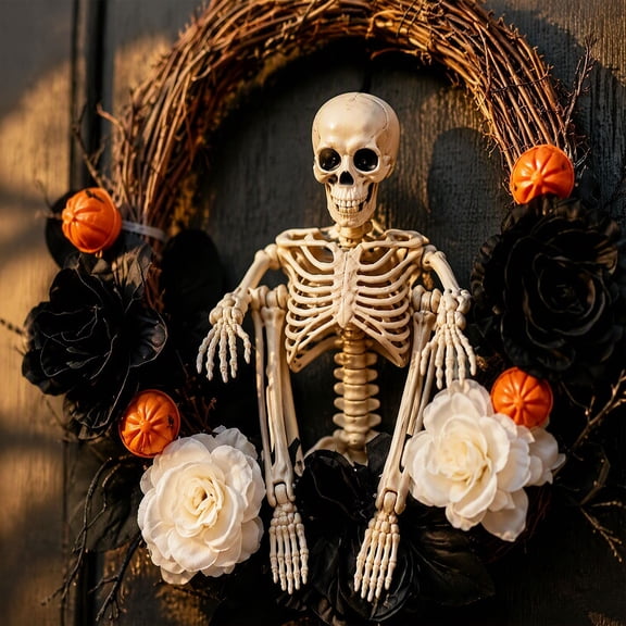 Gothic Skeleton Wreath Halloween Decorations Woven Twig Black Rose Skeleton Door Hanging Spooky Indoor Covered Porch Decor