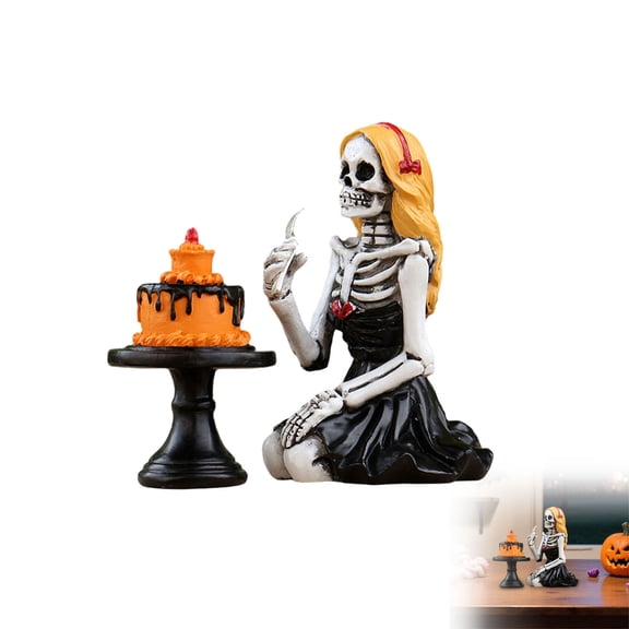 Gothic Skeleton blonde Lady Resin Figurine Set, Mini Skeleton Girl with Cake Stand Statue, Spooky Indoor Tabletop Halloween Decor Prop by XSAOP