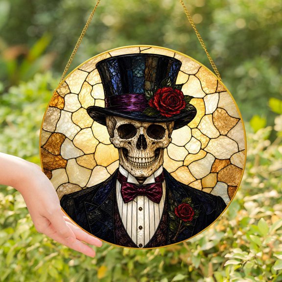 Gothic Skeleton with Rose Halloween Stained Glass Window Suncatcher, Dark Romance Decor, Spooky Hanging Art Gift - Golden Frame