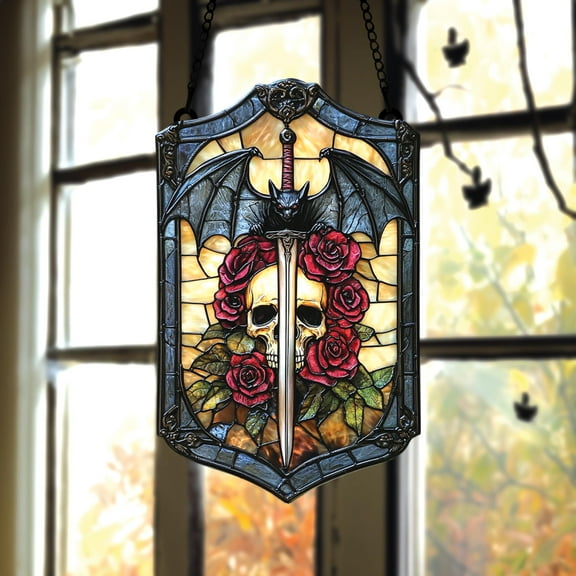 Gothic Skull Acrylic Suncatcher Faux Glass Sword and Rose Panel with Bat Wings, Dark Fantasy Decor for Halloween, Vampires Lovers