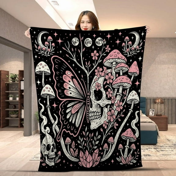 Gothic Skull And Butterfly Blanket Blanket - Aesthetic Dark Floral Throw - Goth Mushroom Celestial Moon Fleece & Sherpa Blanket