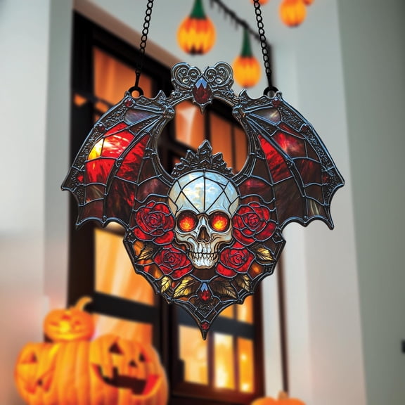 Gothic Skull Bat Acrylic Suncatcher Faux Glass Winged Skeleton with Red Roses and Fiery Eyes, Dark Fantasy Window Decor for Halloween Lovers