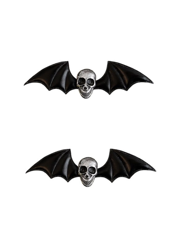 Gothic Skull Bat Wing Hair Clips, Halloween Party Costume Accessory for Witch Vampire Cosplay, Black Silver Tone Metal Barrettes, 2 Count