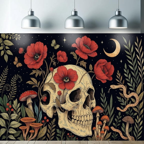 Gothic Skull Blacklight Tapestry UV Reactive Wall Hanging With Poppies Mushrooms Serpent Moon Floral Eye Design for Bedroom Dorm Living Room Botanical Decor 78 x 59 Inch