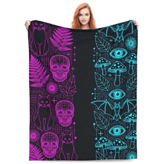 Gothic Skull Blanket, Cat Bat Mushroom Flannel Throw Blanket, Soft Cozy Halloween Skeleton Blanket for Sofa, Couch, Bed, Dark Room Decor Gift 50x40