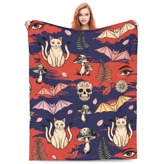 Gothic Skull Blanket, Cat Bat Mushroom Flannel Throw Blanket, Soft Cozy Halloween Skeleton Blanket for Sofa, Couch, Bed, Dark Room Decor Gift 50x40