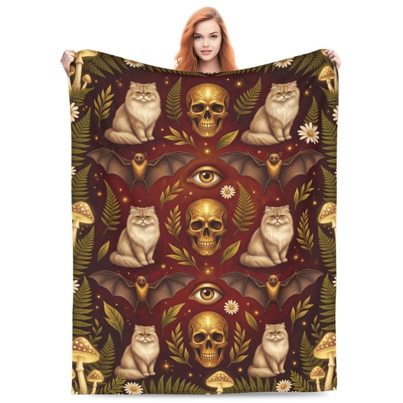 Gothic Skull Blanket, Cat Bat Mushroom Flannel Throw Blanket, Soft Cozy Halloween Skeleton Blanket for Sofa, Couch, Bed, Dark Room Decor Gift 50x40