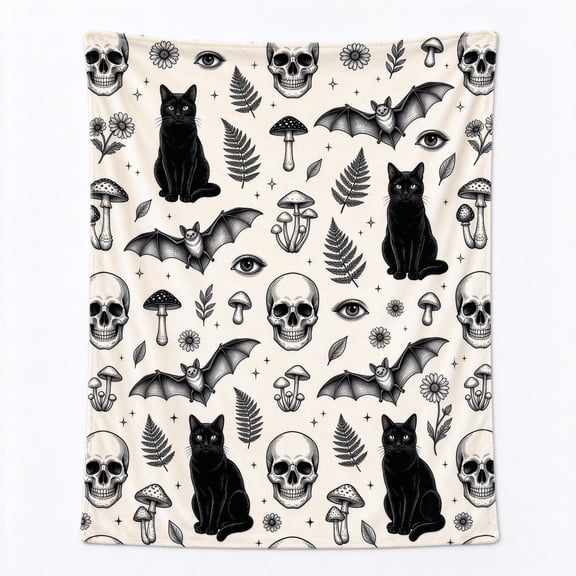 Gothic Skull Blanket Cat Bat Mushroom Gifts for Women Men, Halloween Skeleton Flannel Throw Blanket, Dark Horror Home Bedroom Room Decor Gift 50x40
