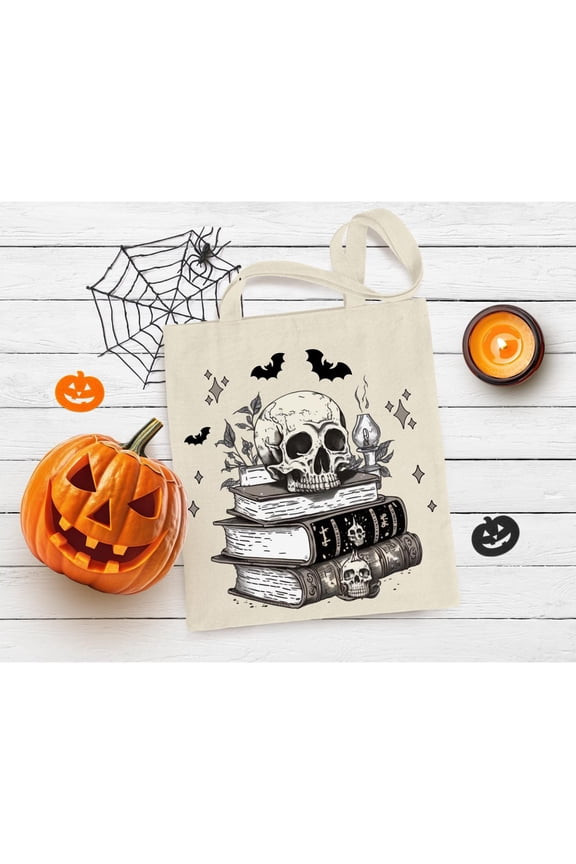 Gothic Skull Book Stack Tote Bag Spooky Dark Academia Halloween Bag