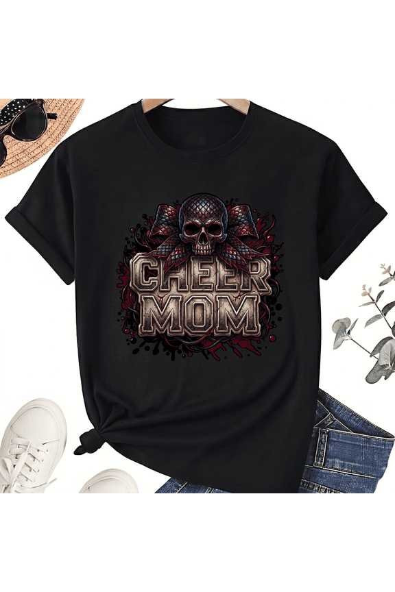 Gothic Skull Bow Cheer Mom Crew Neck Short Sleeve T-Shirt