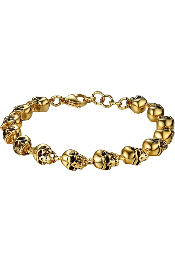 Gothic Skull Bracelets for Men Women, Stainless Steel/18K Gold Plated/Silver Black Punk Skeleton Head Chain Bracelet Party Accessories for Rapper Biker