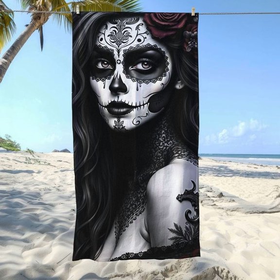 Gothic Skull Bride Sea Towel, Mexican Death Lord, Super Fast Dry Soft Sea Towel, Favorable Home Bath Towel, Pie, Perfect