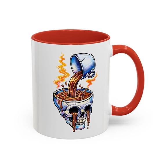 Gothic Skull Coffee Mug Art, C1Affeine AddicT1 Illustration, DR1ipping Hot Brew Pouring Into Flaming Skull Cup, Spooky Halloween Gift For Goths