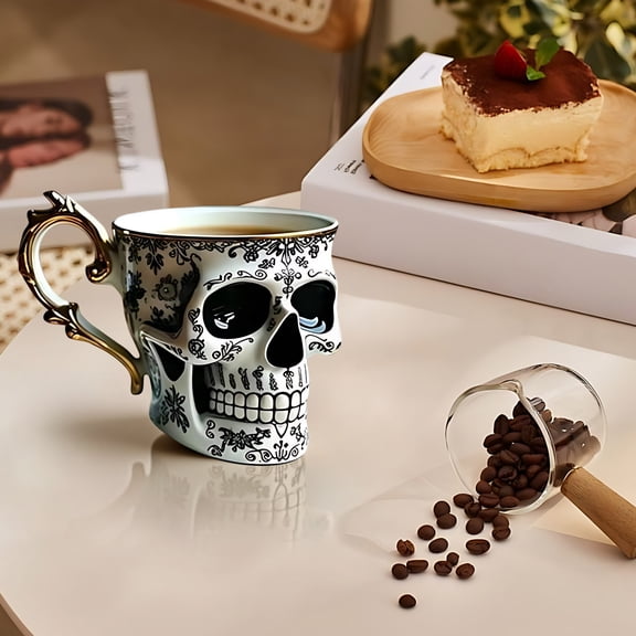 Gothic Skull Coffee Mug Porcelain Ceramic Tea Cup With Gold Accents And Intricate Floral Pattern 1 Count