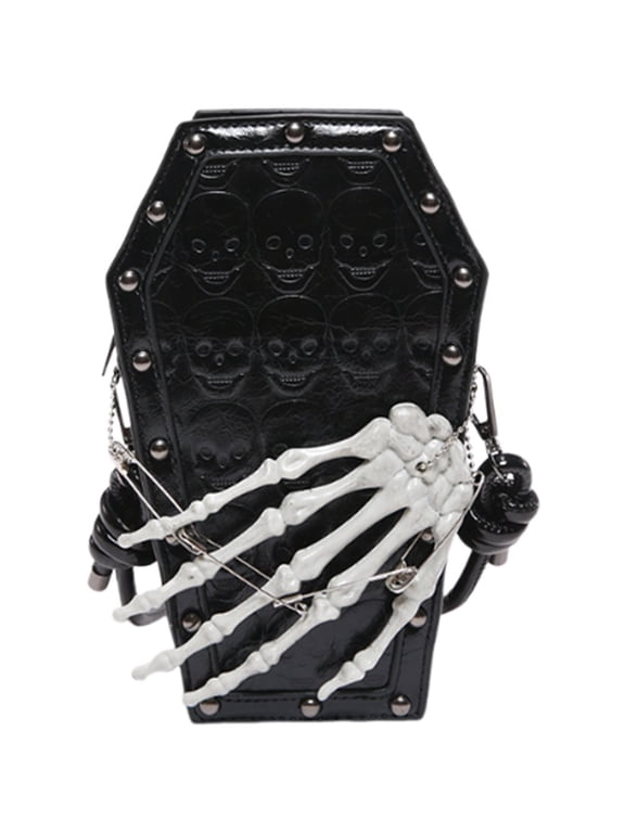 Gothic Skull Coffin Crossbody Bag, PU Leather Novelty Purse with Skull Decor