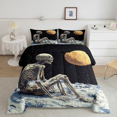 Gothic Skull Comforter Set,Outer Space Skeleton Trippy Bedding Set for Kids Teens Bedroom,Starry Moon Sky Galaxy Planet Glitter Quilt Set 2 Pcs with 1 Pillowcase,Toddler$$Home Decor, Kitchen, & Other