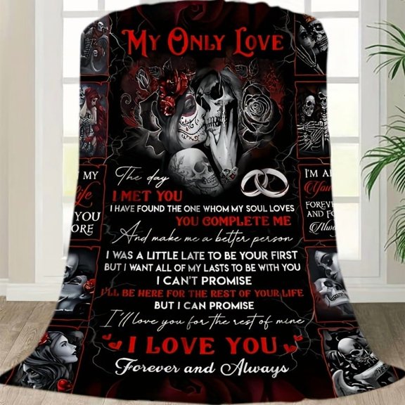Gothic Skull Couple Flannel Blanket | "To My Lover" Envelope & Romantic Quotes, Ultra-Soft All-Season, Ideal Holiday Gift