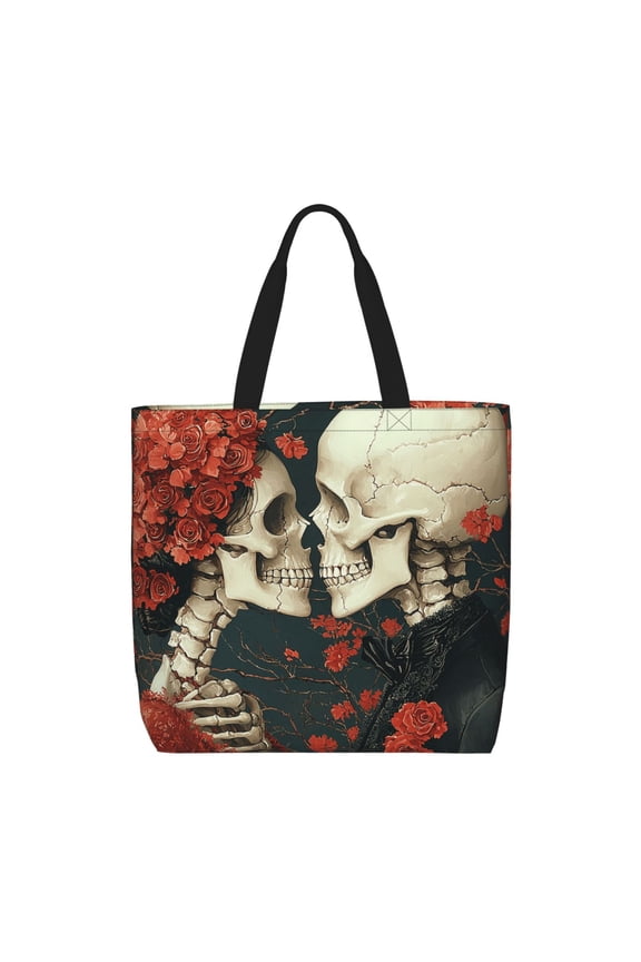 Gothic Skull Couple Zippered Tote Bag Large Capacity Shoulder Handbag for Shopping, Work, Travel