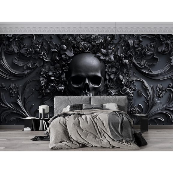 Gothic Skull Dark Floral Peel and Stick Wallpaper Mural, Removable 14D Skull Wall Mural for Bedroom Studio Gaming Room, Baroque Gothic Wall Decor