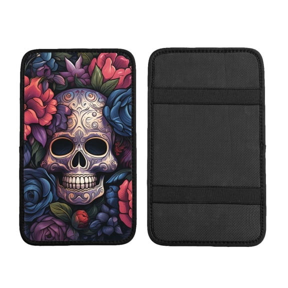 Gothic Skull Day Of The Dead Art Car Armrest Cover Center Console Pad - Neoprene Cushion with Elastic Straps Universal Fit for Vehicles SUV