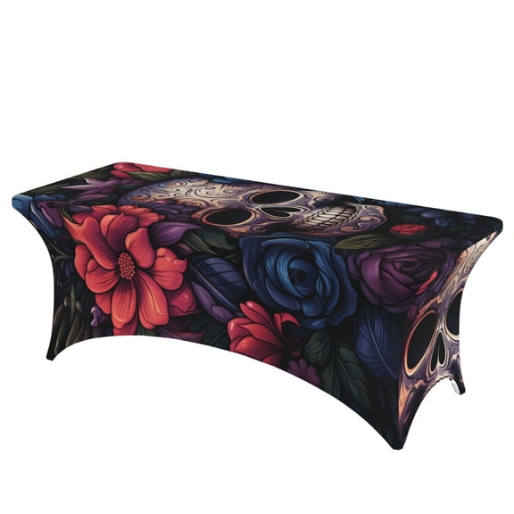 Gothic Skull Day Of The Dead Art Stretch Rectangular Table Cover 6FT Elastic Fitted Tablecloth for Parties, Weddings, Banquets