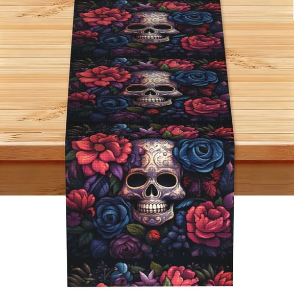 Gothic Skull Day Of The Dead Art Table Runner 13x72 Inch for Dining Table Kitchen Wedding Party Decor Fireplace Mantle