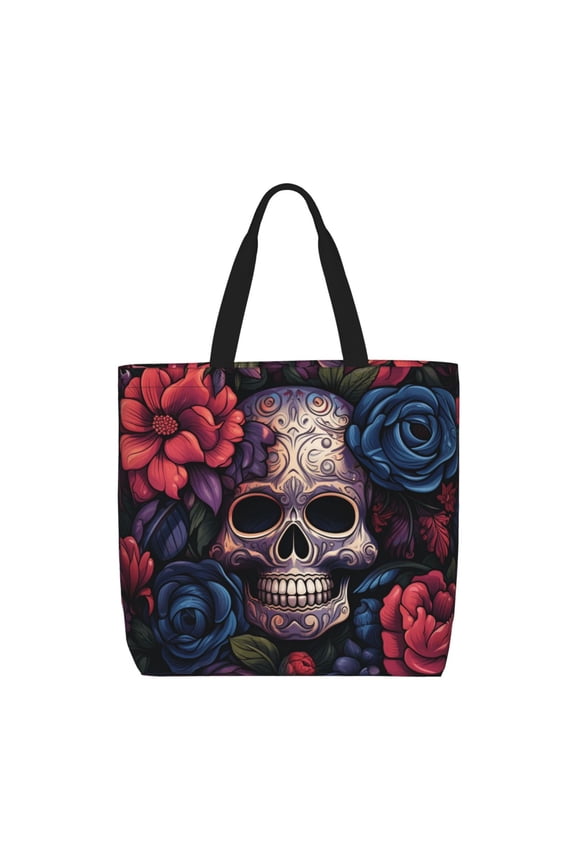 Gothic Skull Day Of The Dead Art Zippered Tote Bag Large Capacity Shoulder Handbag for Shopping, Work, Travel