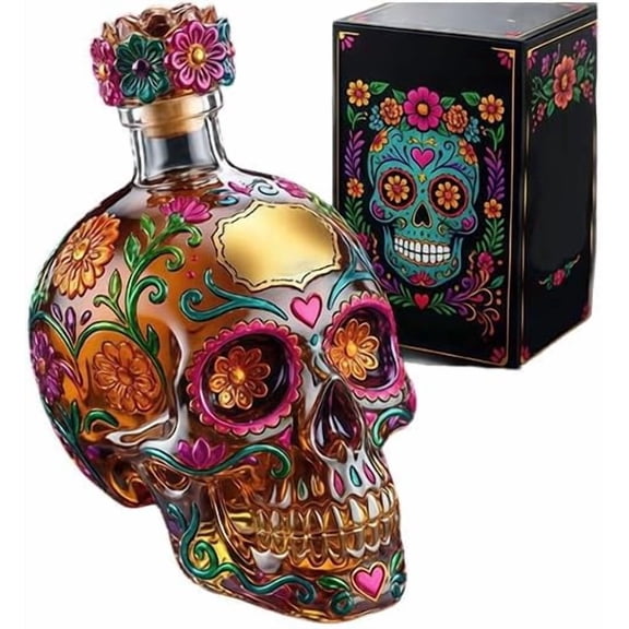Gothic Skull Decanter Bottle, Delicate Floral Design Painted Glass Skull Decanter, Gorgeous Decorative Decanter for Bar Display, Halloween Event, Day of The Dead Home Accent Display