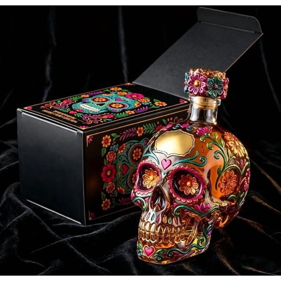 Gothic Skull Decanter Bottle, Floral Detailed Painted Glass Skull Decanter, Classic Decorative Decanter for Bar Decor, Halloween Theme Party, Day of The Dead Accent Display