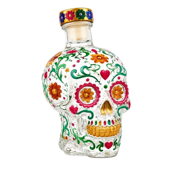 Gothic Skull Decanter Bottle, Painted Glass Skull Decanter with Floral Design, Decorative Decanter for Bar Decor, Halloween Party, Day of The Dead Display