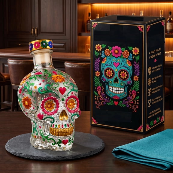 Gothic Skull Decanter Bottle, Painted Glass Skull Decanter with Floral Design, Decorative Decanter for Bar Decor, Halloween Party, Day of The Dead Display
