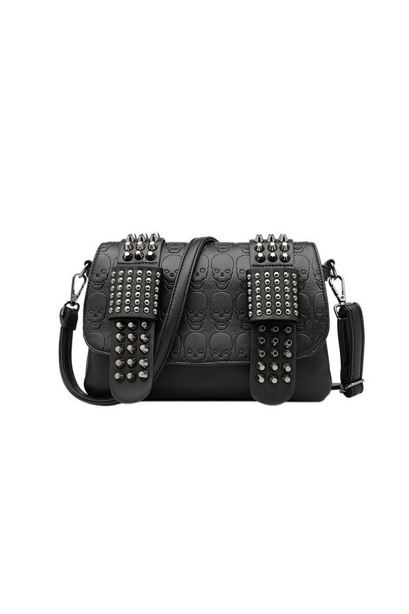Gothic Skull Embossed Crossbody Bag with Studded Straps, Black Leather Look, Metal Spikes