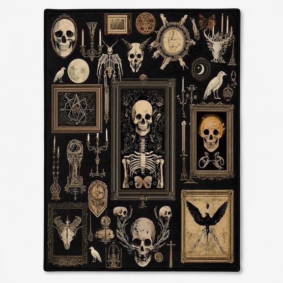 Gothic Skull Fleece Throw Blanket, Soft 280gsm Skeleton Raven Home Decor Blanket