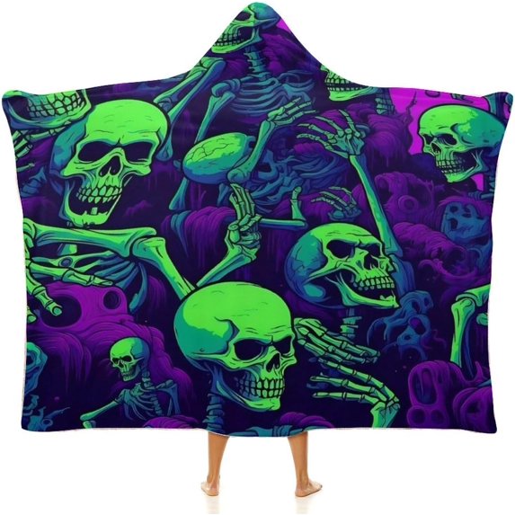 Gothic Skull Fleece Wearable Blanket for Adults with Halloween Themed Hooded Blanket Warm Cozy Bones Gift for Women