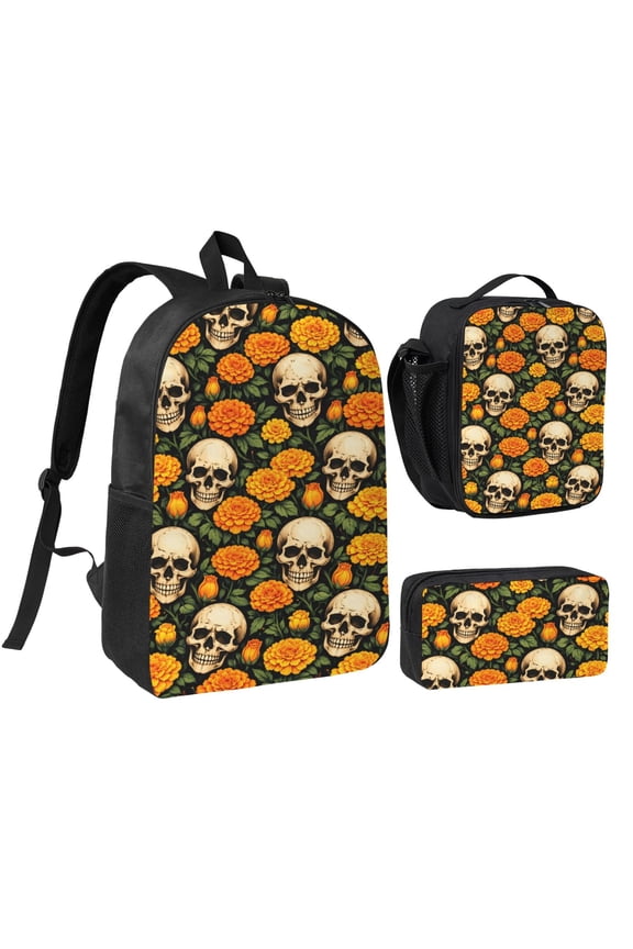 Gothic Skull Floral Backpack Set 3pc ,Backpack with Lunch Bag and Bag 17 Inch