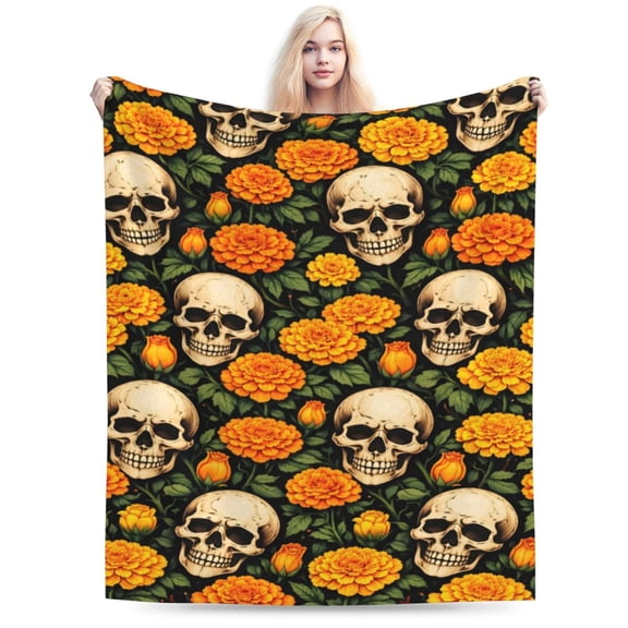 Gothic Skull Floral Throw Blanket, Dark Botanical Art with Marigold Flowers, Decorative Blanket for Sofa Couch Bedroom 50x40
