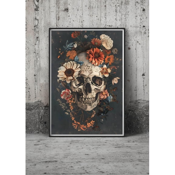 Gothic Skull Floral Vintage Wall Art, Unframed Canvas Size 8x12