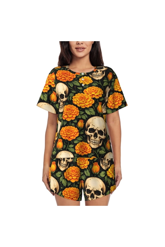 Gothic Skull Floral Women’S Short-Sleeved Pyjama Set Round-Neck Loungewear for Indoor and Outdoor