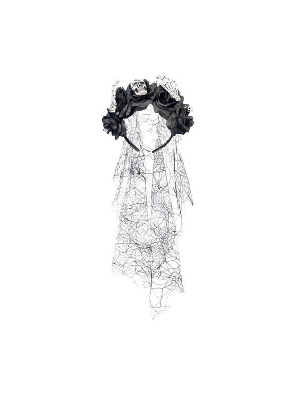 Gothic Skull Flower Black Lace Veil Headband for Halloween Day of the Dead, Goth Rose Skull Hair Veil Headpiece, Floral Skeleton Bride Veil Headwear