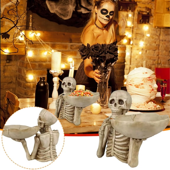Gothic Skull Fruit Bowl and Key Storage Tray, Resin Skeleton Decorative Bowl for Halloween Candy Snack Organizer Home Decor