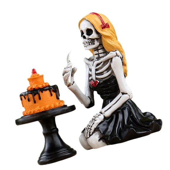Gothic Skull Girl Eating Cake Sculpture, Lasting Resin Halloween Decor for Indoor Outdoor Themed Parties