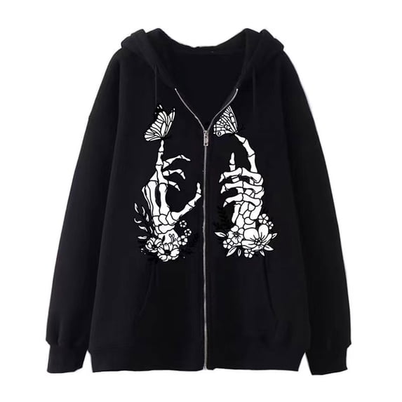Gothic Skull Graphic Hoodie Y2K Butterfly Zipper Sweatshirt Unisex Oversized Casual Pullover
