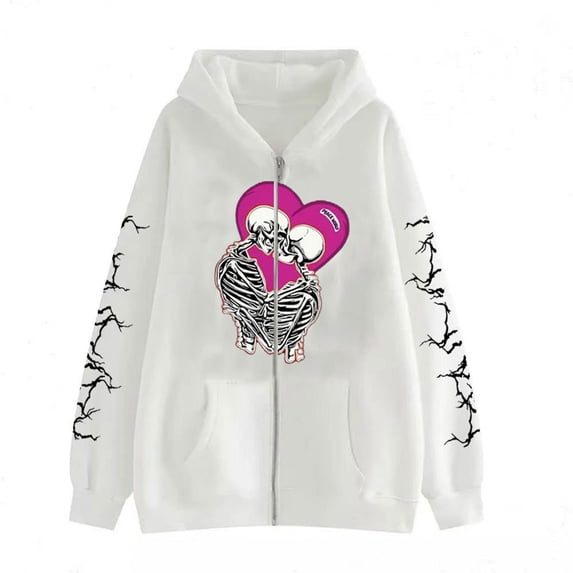 Gothic Skull Graphic Print Hoodie Y2K Punk Style Sweatshirt Unisex Oversized Zip-Up Hooded Sweatshirt