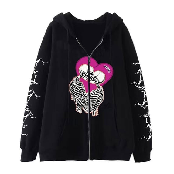Gothic Skull Graphic Print Hoodie Y2K Punk Style Sweatshirt Unisex Oversized Zip-Up Hooded Sweatshirt