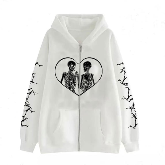 Gothic Skull Graphic Print Hoodie Y2K Punk Style Sweatshirt Unisex Oversized Zip-Up Hooded Sweatshirt
