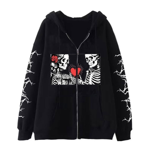 Gothic Skull Graphic Print Hoodie Y2K Punk Style Sweatshirt Unisex Oversized Zip-Up Hooded Sweatshirt