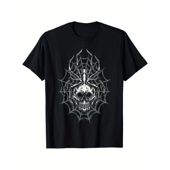 Gothic Skull Graphic Tee T Shirt Top Spider Web Bat Wing Design Short Sleeve Round Neck Black S-5XL