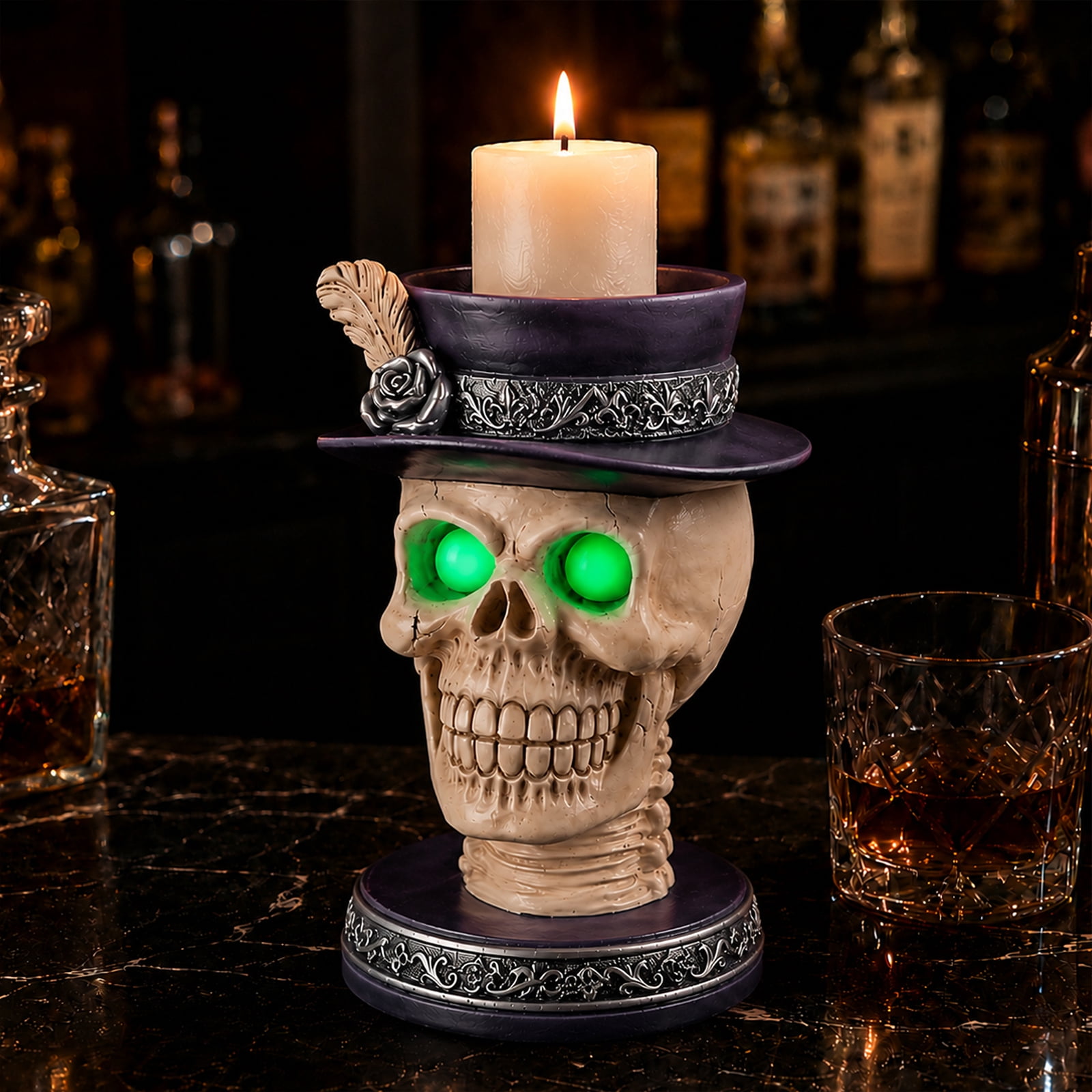 Gothic Skull Head Statue with LED Glowing Green Eyes Victorian Top Hat Resin Candle Holder Halloween Decor