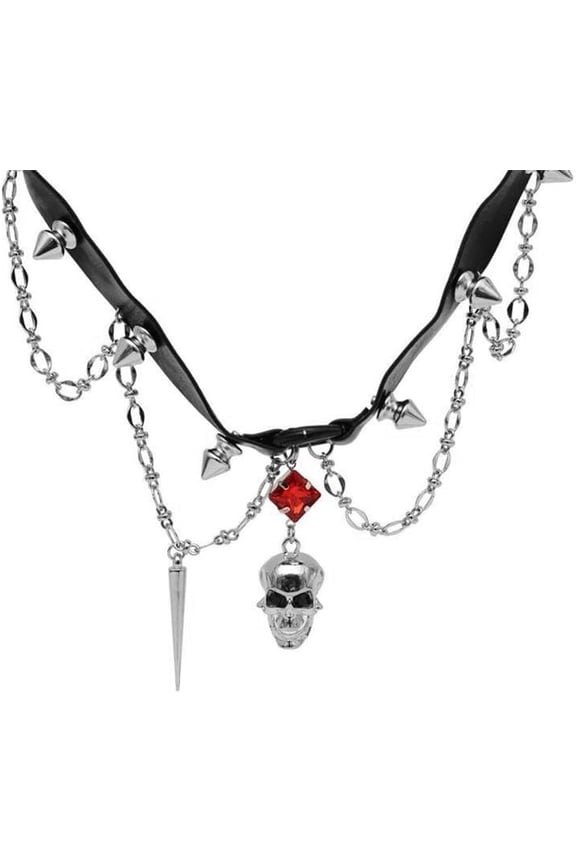 Gothic Skull Leather Choker Necklace Vintage Punk Adjustable Cubic Zirconia Collar with Rivet Spikes Tassel Unisex Y2K Chain Necklace for Halloween Nightclub Prom Costume