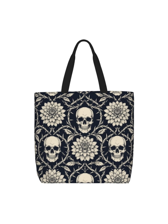 Gothic Skull Line Art Zippered Tote Bag Large Capacity Shoulder Handbag for Shopping, Work, Travel